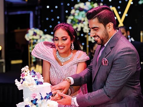 The bride’s clothes were a mix of lehengas and shararas with a pants, crop top and 6-7kg beaded cape being the dramatic choice for the after party. “The priority was Mehak doing her clothes,” says Kunaal. “Our concept was that I would have something that would align with what she was wearing, but not very in your face.”