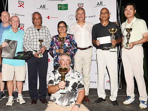 Winners of the first event of The Senior Champions Tour 2022 - 2023 held at The Els Club with co-founder of TSCT Vijay Vasu (third right).