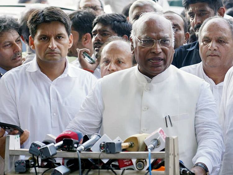 Senior Congress leader and Leader of Opposition in Rajya Sabha Mallikarjun Kharge addresses media after filing his nomination papers for the post of the party's President, at the party office, in New Delhi on Friday. 