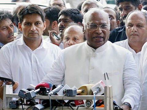 Senior Congress leader and Leader of Opposition in Rajya Sabha Mallikarjun Kharge addresses media after filing his nomination papers for the post of the party's President, at the party office, in New Delhi on Friday. 