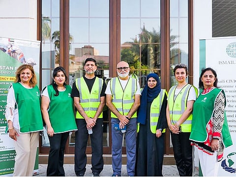 Nazma Rashid, Communications Coordinator of the Ismaili Centre Dubai; Sarah Hashwani, Ismaili CIVIC Lead; Dr Faisel Ikram, President of the Pakistan Association Dubai; Khalil Mohammed, VP of the Ismaili Community UAE; Umaima Amjad, Outreach & Resource Officer for PAD; Farzana Mohammed and Laila Merchant, at the flood relief campaign at PAD.