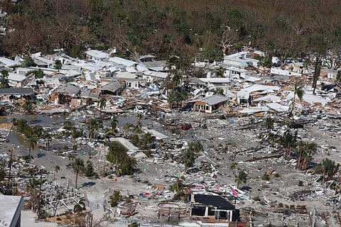 In an aerial view, damaged buildings are seen as Hurricane Ian passed through the area on September 29, 2022 in Fort Myers Beach, Florida.  