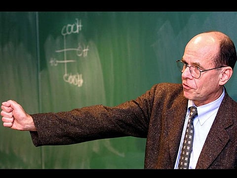 This file photo taken on October 10, 2001 shows 2022 Nobel Laureate K. Barry Sharpless, Ph.D, addressing a room full of reporters and colleagues at Scripps Research Institute after winning the 101st Nobel Prize in Chemistry 10 October, 2001 in La Jolla, California. 