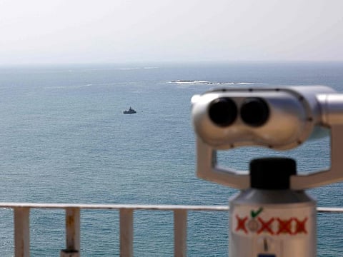 Israeli Navy vessels patrol Mediterranean waters off Israel's crossing at Rosh Hanikra, known in Lebanon as Ras Al Naqura, a border area between the two countries, on October 4, 2022. 
