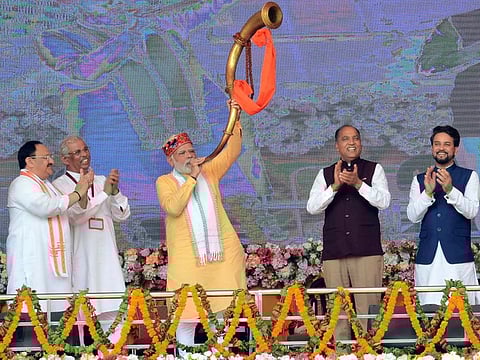 Prime Minister Narendra Modi at the dedication to the nation and laying foundation stone of multiple projects worth over Rs. 36.50 billion, in Bilaspur on Wednesday, October 5, 2022.