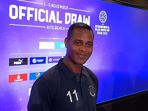 Netherlands legend Patrick Kluivert at the press conference for the 11th edition of the Beach Soccer Intercontinental Cup Dubai 2022.