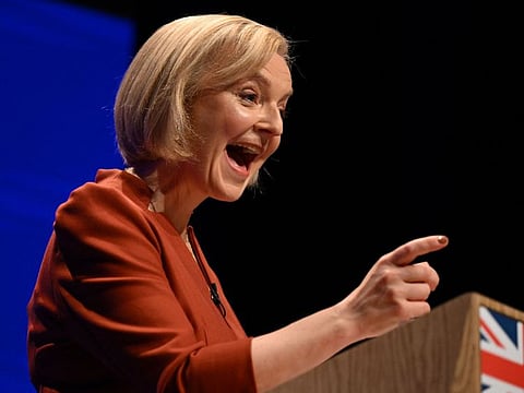 Britain's Prime Minister Liz Truss delivers her keynote address on the final day of the annual Conservative Party Conference in Birmingham, central England, on October 5, 2022.