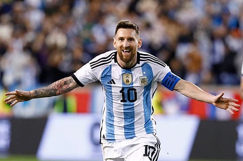 Argentina's Lionel Messi celebrates his goal during the international friendly against Jamaica. The Argentine captain announced that this will be his last World Cup.