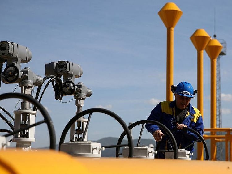 An employee works at Bulgartransgaz gas compressor station near Ihtiman, Bulgaria