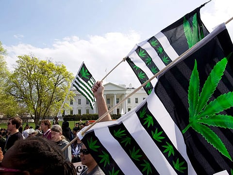 A demonstrator waves a flag with marijuana leaves depicted on it during a protest calling for the legalization of marijuana, outside of the White House in Washington in a file photo.
