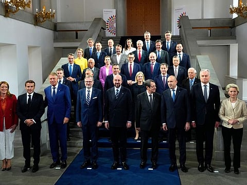 European Union leaders pose for a group photo during an EU Summit at Prague Castle in Prague, Czech Republic, on October 7, 2022. 
