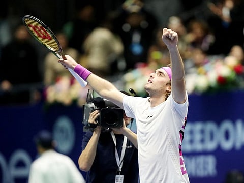 Greece's Stefanos Tsitsipas celebrates after winning his semi final match against Russia's Andrey Rublev.
