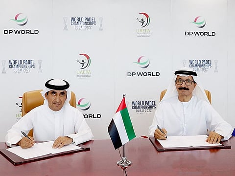 Sheikh Saeed Bin Maktoum Bin Juma Al Maktoum President of UAE Padel Association and Sultan Ahmed bin Sulayem Chairman and CEO of DP World sign the MoU during a ceremony to announce the DP World Padel Championship 2022 which will be held from October 31 to November 5 at the Dubai Duty Free Tennis Stadium.