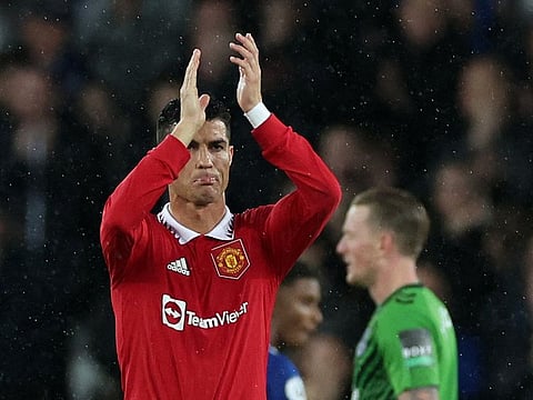 Manchester United's Cristiano Ronaldo celebrates after the match against Everton in the Premier League where he scored his 700th club goal.