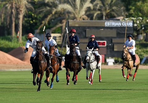 Monte Carlo Polo team and Lan to Capital Polo team in action at Lan To Capital Luxury Polo Cup at Dubai Polo & Equestrian Club in Dubai.