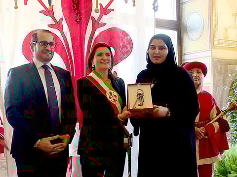 Reem Al Falasi receiving the Key to Florence on behalf of Sheikha Fatima from Alessia Bertini, Deputy Mayor of Florence, at a ceremony held on Thursday in the Palazzo Vecchio in Florence.