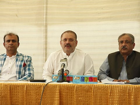 Sindh Information Minister, Sharjeel Inam Memon, speaks at a press conference along with senior officials of Counter Terrorism Department in Karachi. 