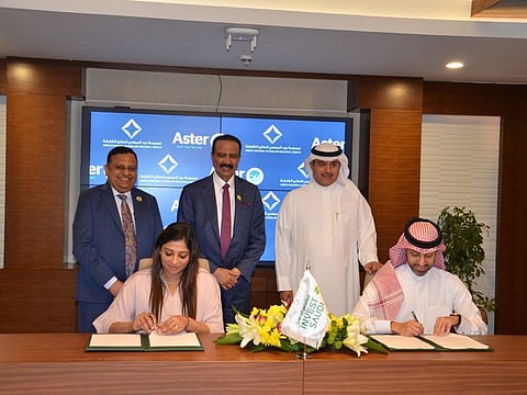 The pharmacy rollout is a natural extension for Aster DM Healthcare, which entered Saudi Arabia through buying a hospital in 2016.   In picture - from left: N S Balasubramanian, CEO of Aster Retail, Alisha Moopen, Deputy Managing Director, Aster DM Healthcare, Dr. Azad Moopen, Founder Chairman & Managing Director, Aster DM Healthcare, Majid AlHokair, Chairman of Al Hokair Holding Group LLC, Mishal AlHokair, Deputy CEO, Al Hokair Holding Group.