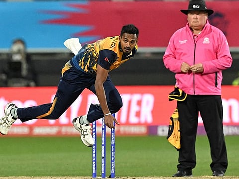 Sri Lanka's Dushmantha Chameera bowls during the ICC mens Twenty20 World Cup 2022 against UAE at Kardinia Park in Geelong on Wednesday.