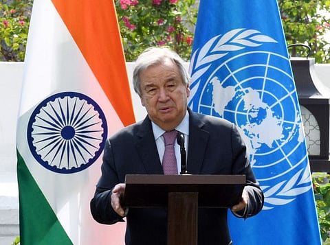 United Nations Secretary-General, Antonio Guterres addressing at the Taj Mahal Palace hotel after paying tributes to 26/11 terror attacks victim on the first day of his three-day visit to India, in Mumbai on Wednesday, October 19, 2022.