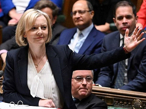 A handout photograph released by the UK Parliament shows Britain's Prime Minister Liz Truss speaking during Prime Minister's Questions in the House of Commons in London on October 19, 2022.  