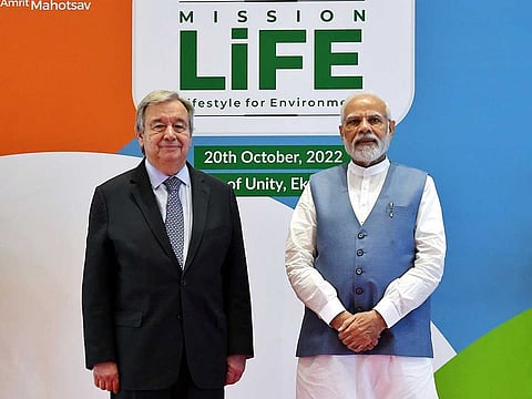 Prime Minister Narendra Modi meets Secretary General of the United Nations Antonio Guterres at the launch of the Mission LiFE at Statue of Unity in Ekta Nagar, in Kevadia on Thursday, October 20, 2022. 