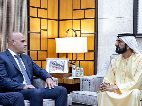 Sheikh Mohammed bin Rashid during a meeting with Dimitar Kovačevski, Prime Minister of the Republic of North Macedonia, at the Al Marmoom Majlis in Dubai