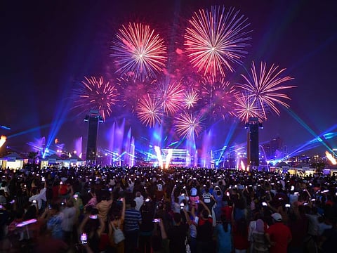 People enjoy fireworks on the occasion of Diwali at Dubai Festival City, Dubai [November 4, 2021]
