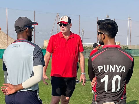Former Australian all-rounder Tom Moody talks to the aspiring players during the Desert Vipers trials in Dubai.