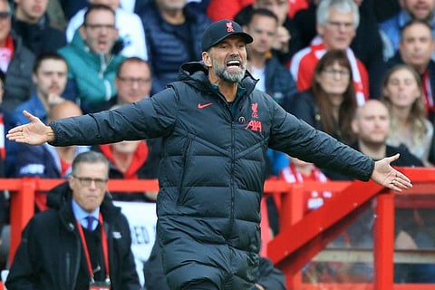 Liverpool's German manager Jurgen Klopp gestures on the touchline during the English Premier League football match between Nottingham Forest and Liverpool at The City Ground in Nottingham, central England.