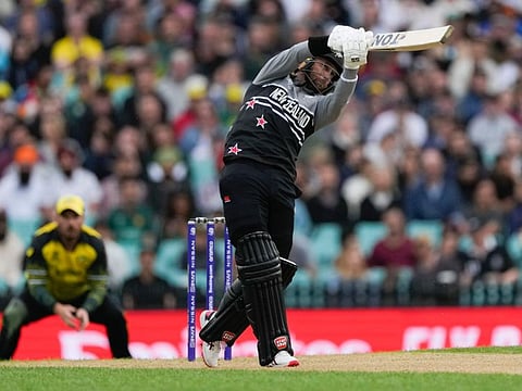 New Zealand's Devon Conway clears the straight in-field during his unbeaten 92 against Australia at Sydney Cricket Ground on Saturday.