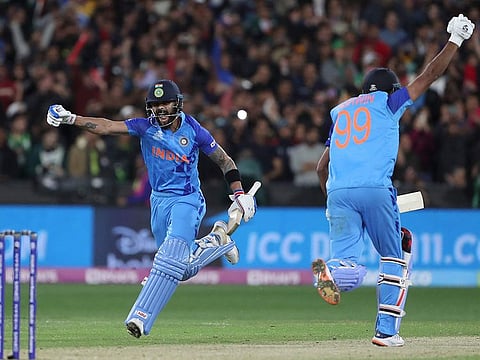 India's Virat Kohli (left) and Ravichandran Ashwin celebrate the win in the final ball during the ICC men's Twenty20 World Cup 2022 cricket match between India and Pakistan at Melbourne Cricket Ground (MCG) in Melbourne.
