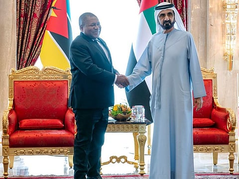 Sheikh Mohammed bin Rashid Al Maktoum receiving on Tuesday President Filipe Nyusi of Mozambique in Dubai
