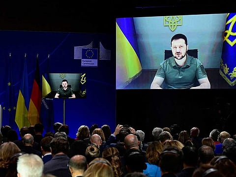 Ukrainian President Volodymyr Zelensky addresses the forum from a video link during the International Expert Conference on the Recovery, Reconstruction and Modernisation of Ukraine in Berlin on October 25, 2022. 