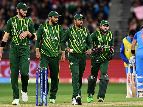 Pakistan's players, (left to right) Shaheen Shah Afridi, Iftikhar Ahmed, Babar Azam and Muhammad Rizwan.