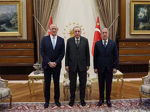 Israeli Defence Minister Benny Gantz meets with Turkish President Tayyip Erdogan and Turkish Defence Minister Hulusi Akar in Ankara, on October 27, 2022.  