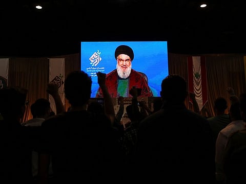 Lebanon's Hezbollah leader Sayyed Hassan Nasrallah addresses his supporters in Beirut's southern suburbs on October 27, 2022. 