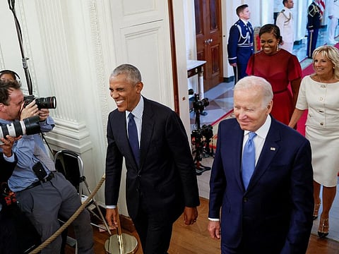File photo: US President Joe Biden and first lady Jill Biden host former US President Barack Obama and former first lady Michelle Obama for the unveiling of their official White House portraits, in the East Room of the White House, in Washington, US, September, 7, 2022.
