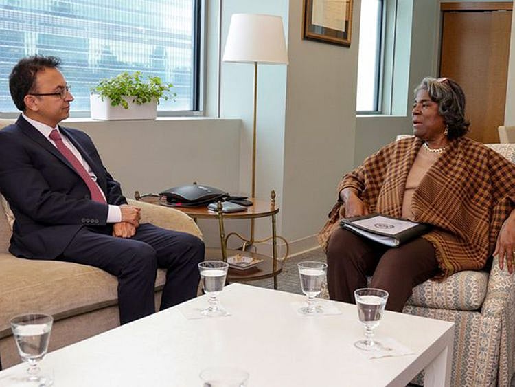  US ambassador to the UN Linda Thomas-Greenfield during a meeting on Saturday with Javaid Rehman, UN Special Rapporteur on the Human Rights Situation in Iran.