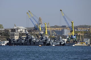Russian Black Sea fleet ships are anchored in one of the bays of Sevastopol, Crimea.