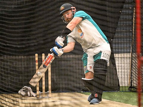 Australia's captain Aaron Finch bats in the nets during a training session in Melbourne on October 27, 2022, ahead of their ICC men's Twenty20 World Cup 2022 cricket match against England.