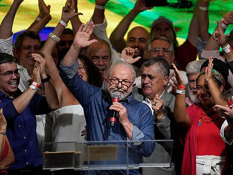 Former Brazilian President Luiz Inacio Lula da Silva celebrates defeating incumbent Jair Bolsonaro in a presidential run-off election to become the country's next president, in Sao Paulo, Brazil, Sunday, Oct. 30, 2022. 