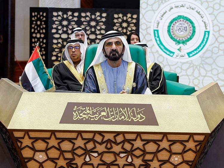  His Highness Sheikh Mohammed bin Rashid Al Maktoum, Vice-President and Prime Minister of the UAE and Ruler of Dubai, at the summit in Algiers on Tuesday. Sheikh Mohammed was accompanied to the summit by a high-level delegation that included Sheikh Mansour bin Zayed Al Nahyan, Deputy Prime Minister and Minister of Presidential Court; Mohammad bin Abdullah Al Gergawi, Minister of Cabinet Affairs; Abdulla bin Touq Al Marri, Minister of Economy; Reem bint Ibrahim Al Hashemy, Minister of State for International Cooperation; Khalifa Shaheen Al Marar, Minister of State and Dr. Anwar Gargash, Diplomatic Adviser to the UAE President.