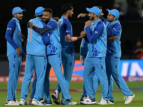 India’s players celebrate their win in the ICC Men’s Twenty20 World Cup 2022 cricket match against Bangladesh at the Adelaide Oval on November 2, 2022. 