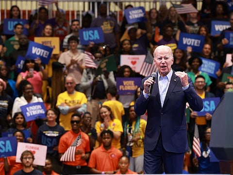 US President Joe Biden speaks during a rally at Florida Memorial University on November 01, 2022 in Miami Gardens, Florida.