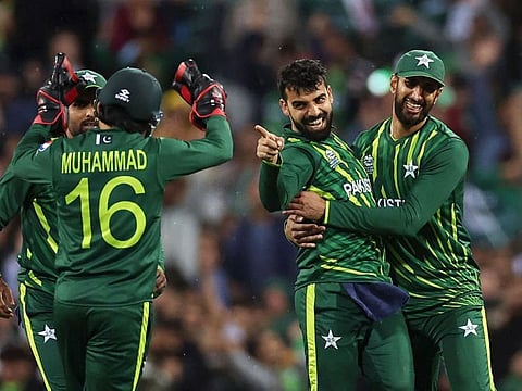 Pakistan's Shadab Khan celebrates a dismissal during theT20 World Cup 2022 match against South Africa at Sydney Cricket Ground on Thursday.