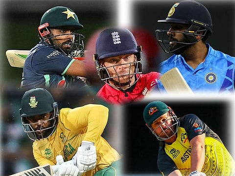 Captains all (Clockwise from top): Babar Azam of Pakistan, Rohit Sharma of India, Aaron Finch of Australia and Temba Bavuma of South Africa. Centre: Jos Buttler of England