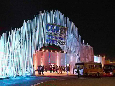 A picture shows a view of the main entrance of the Sharm El Sheikh International Convention Centre, in Egypt's Red Sea resort of the same name, on November 5, 2022, on the eve of the 2022 United Nations Climate Change Conference, more commonly known as COP27.  