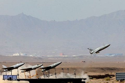 A drone is launched during a military exercise in an undisclosed location in Iran.