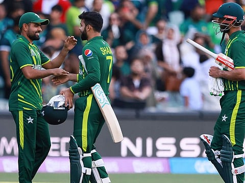 Skipper Babar Azam (left) leads the Pakistan celebration after beating Bangladesh in the T20 World Cup cricket match at the Adelaide Oval, Australia, on November 6, 2022. 